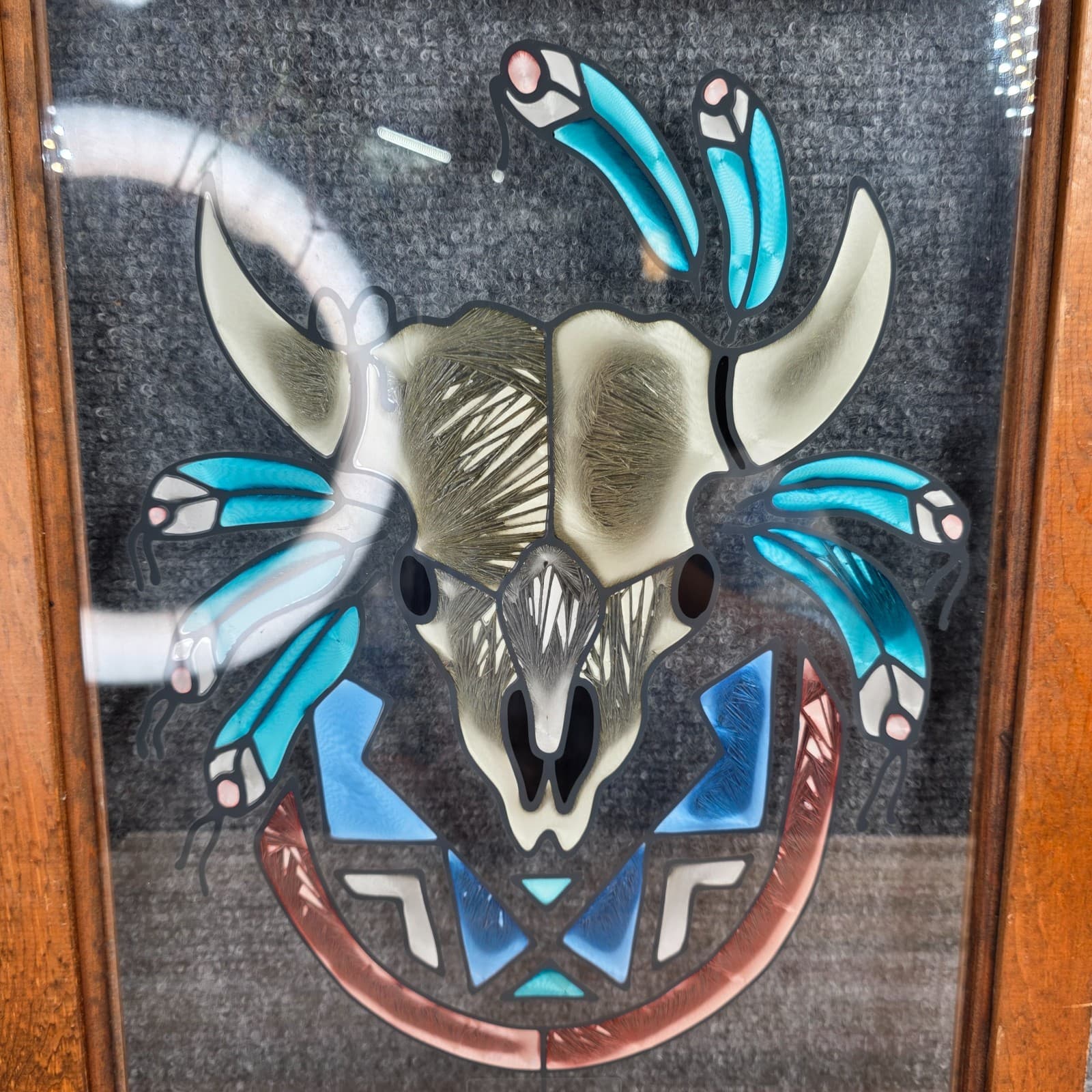 Vtg Glass Window Bull Skull Painting Wall Hanging Art Suncatcher Southwest Decor - Thumbnail 6