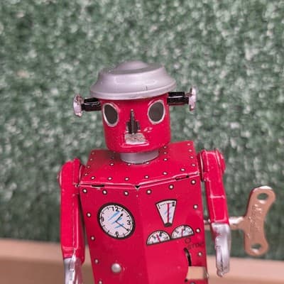 Schylling ATOMIC ROBOT MAN Red Tin Wind Up Collector Toy w/ Key 1997 Vintage - Thumbnail 2