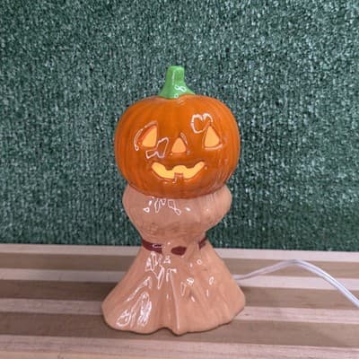 Vintage 1972 Ceramic Pumpkin Lamp 8" Jack O Lantern Corn Stalks Halloween
