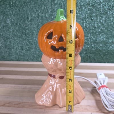 Vintage 1972 Ceramic Pumpkin Lamp 8" Jack O Lantern Corn Stalks Halloween - Thumbnail 10