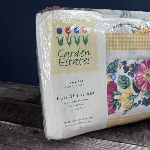 VTG 1995 Garden Estates Full Size Sheet Set Floral White Yellow Chelsea Style - Thumbnail 2