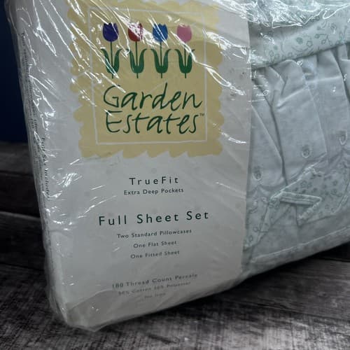 VTG 1996 Garden Estates Full Size Sheet Set Floral White Green Emily Style - Thumbnail 2