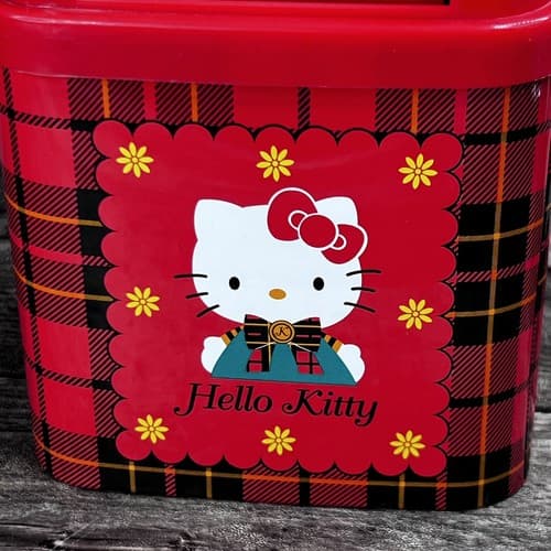 Vintage 1996 Sanrio Hello Kitty Red Plaid Mini Desk Tin Trash Bin Made in Japan - Thumbnail 2