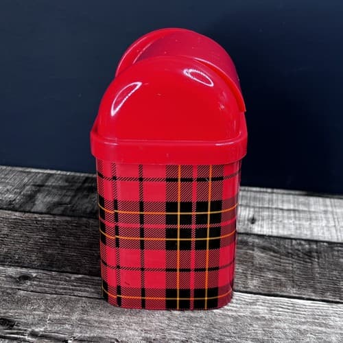 Vintage 1996 Sanrio Hello Kitty Red Plaid Mini Desk Tin Trash Bin Made in Japan - Thumbnail 3