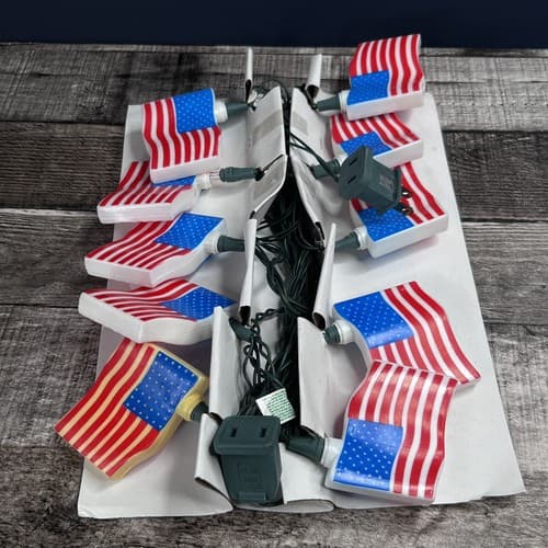 VTG Blow Mold 10 Patriotic American Flags String Lights Stars & Stripes July 4th - Thumbnail 7