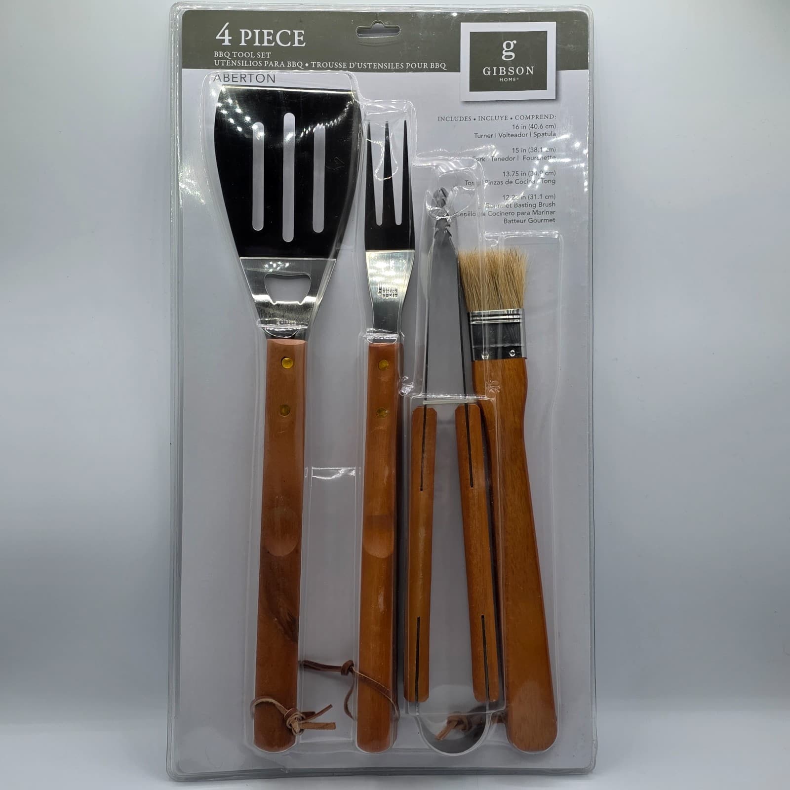 NEW Gibson 4 piece BBQ Wooden Tool Set Turner Fork Tong Brush