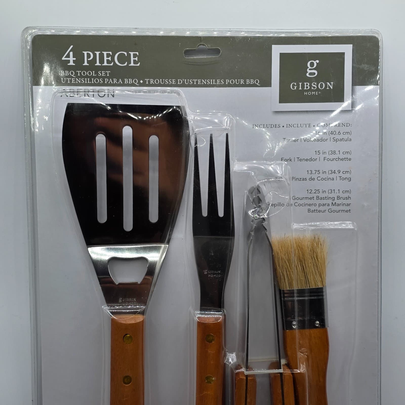 NEW Gibson 4 piece BBQ Wooden Tool Set Turner Fork Tong Brush - Thumbnail 3