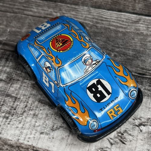 VTG Jimmy Toys Porsche RS Turbo Tin Toy Friction Race Car Blue #81 Flames - Thumbnail 6