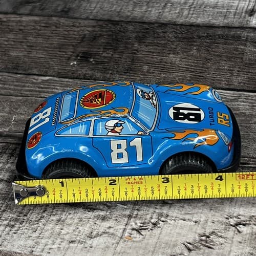 VTG Jimmy Toys Porsche RS Turbo Tin Toy Friction Race Car Blue #81 Flames - Thumbnail 9
