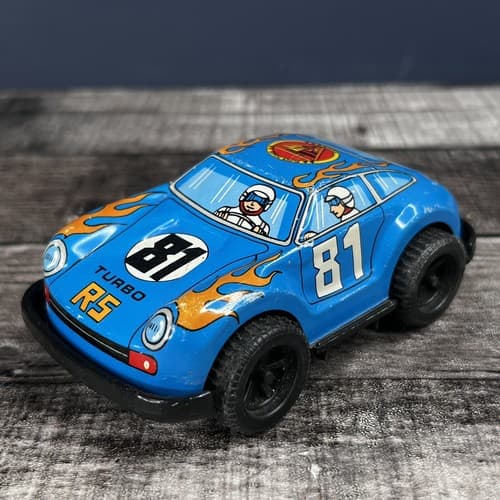 VTG Jimmy Toys Porsche RS Turbo Tin Toy Friction Race Car Blue #81 Flames