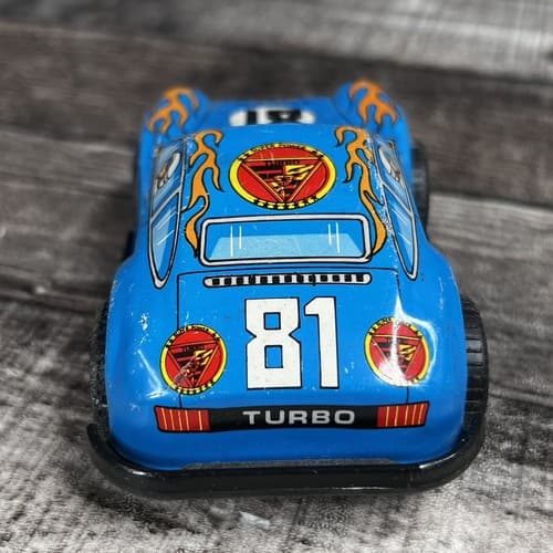 VTG Jimmy Toys Porsche RS Turbo Tin Toy Friction Race Car Blue #81 Flames - Thumbnail 5