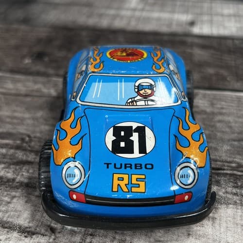 VTG Jimmy Toys Porsche RS Turbo Tin Toy Friction Race Car Blue #81 Flames - Thumbnail 3