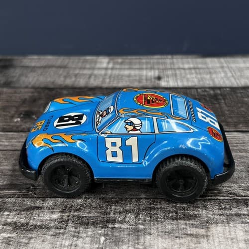 VTG Jimmy Toys Porsche RS Turbo Tin Toy Friction Race Car Blue #81 Flames - Thumbnail 2
