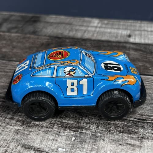 VTG Jimmy Toys Porsche RS Turbo Tin Toy Friction Race Car Blue #81 Flames - Thumbnail 4