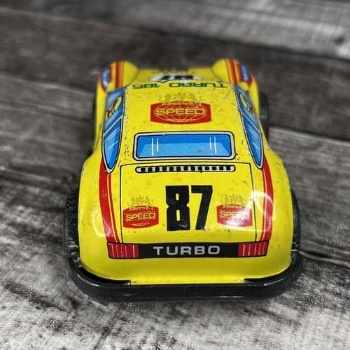VTG PORSCHE 911 TURBO Metal Tin JIMMY CARS MADE HONG KONG 4.5” LONG Yellow - Thumbnail 5
