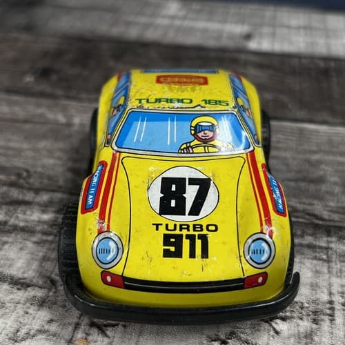 VTG PORSCHE 911 TURBO Metal Tin JIMMY CARS MADE HONG KONG 4.5” LONG Yellow - Thumbnail 3