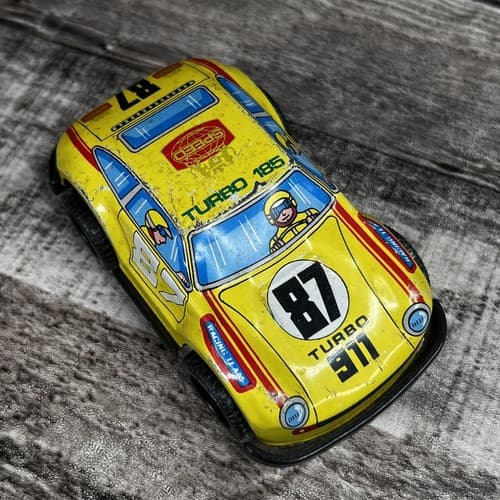 VTG PORSCHE 911 TURBO Metal Tin JIMMY CARS MADE HONG KONG 4.5” LONG Yellow - Thumbnail 6