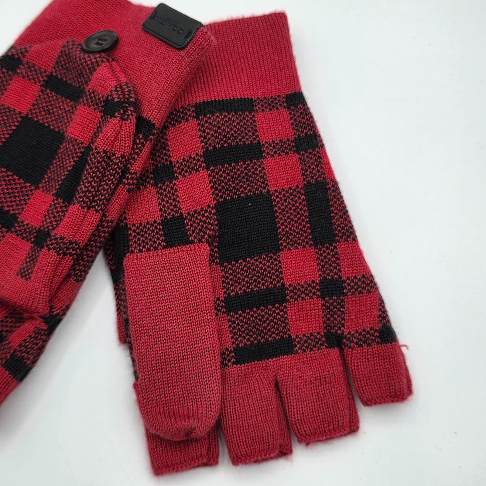 Coach Red Black Buffalo Plaid Wool Knit Blend Convertible Mittens Gloves,NWT - Thumbnail 3