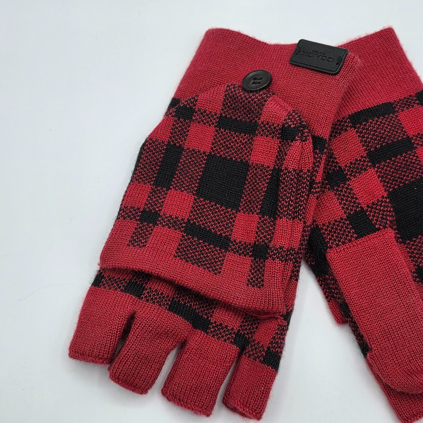 Coach Red Black Buffalo Plaid Wool Knit Blend Convertible Mittens Gloves,NWT - Thumbnail 2