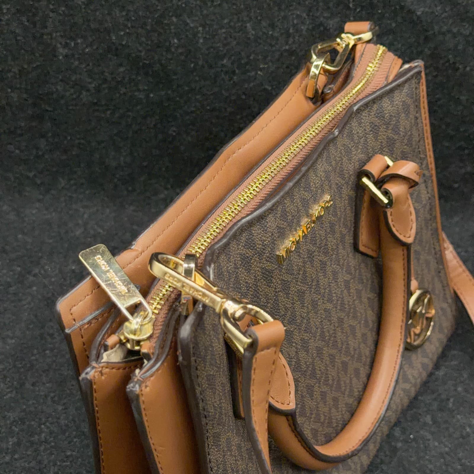 Michael Kors Signature Logo Satchel Brown PVC Leather Trim Crossbody Bag - Thumbnail 7
