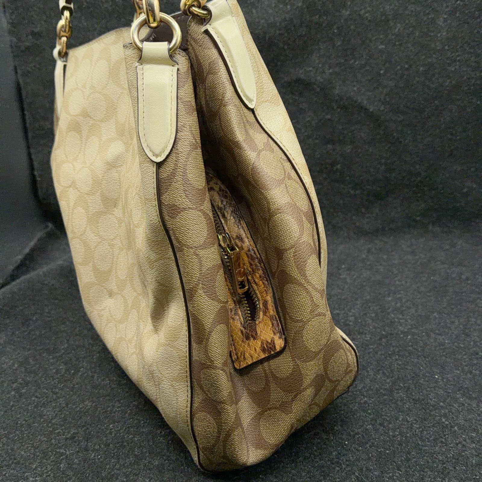Coach Hallie Shoulder Bag with Snakeskin embossed Trim on zipper - Thumbnail 5