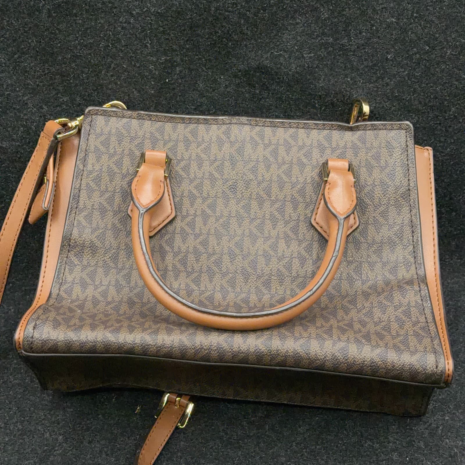 Michael Kors Signature Logo Satchel Brown PVC Leather Trim Crossbody Bag - Thumbnail 9