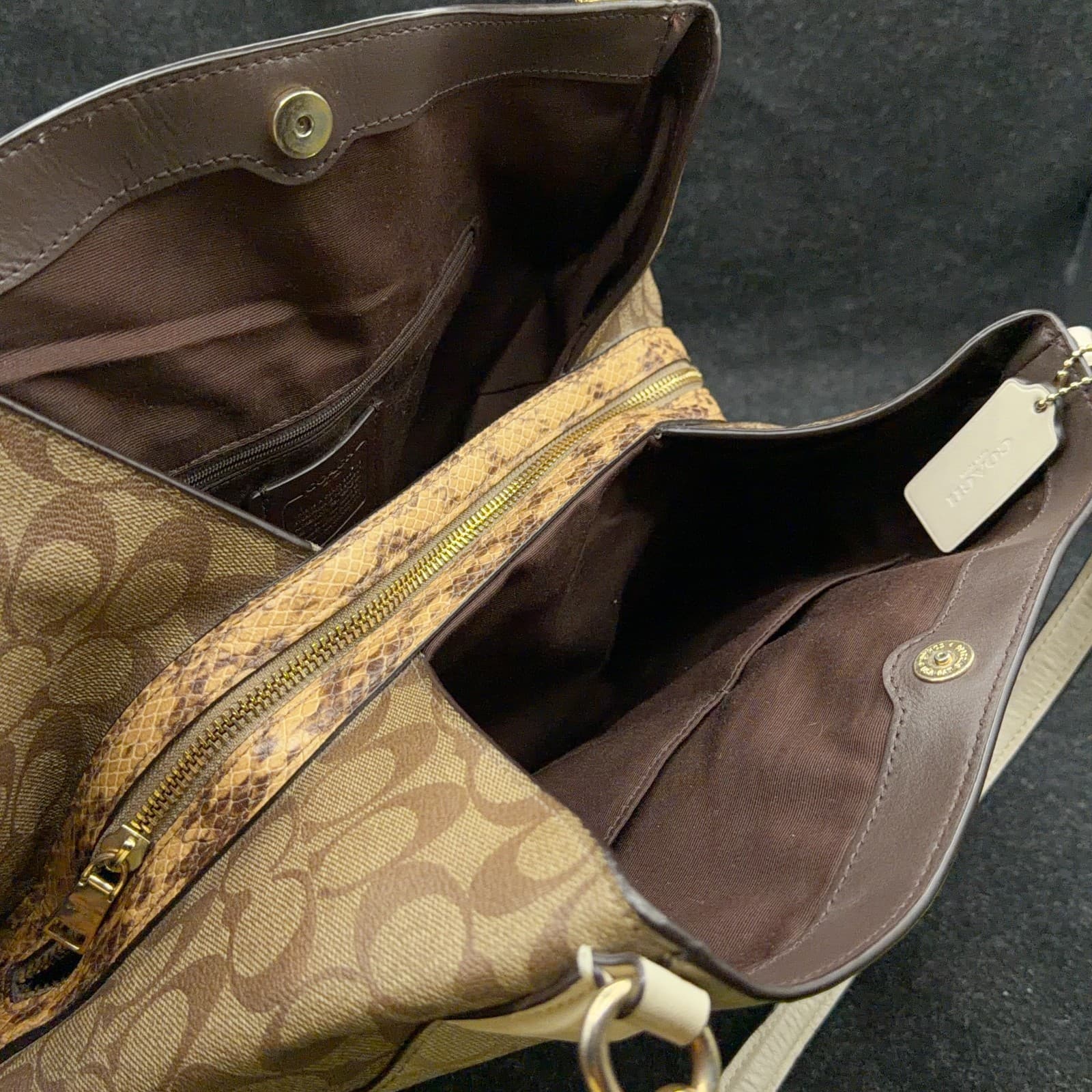 Coach Hallie Shoulder Bag with Snakeskin embossed Trim on zipper - Thumbnail 10