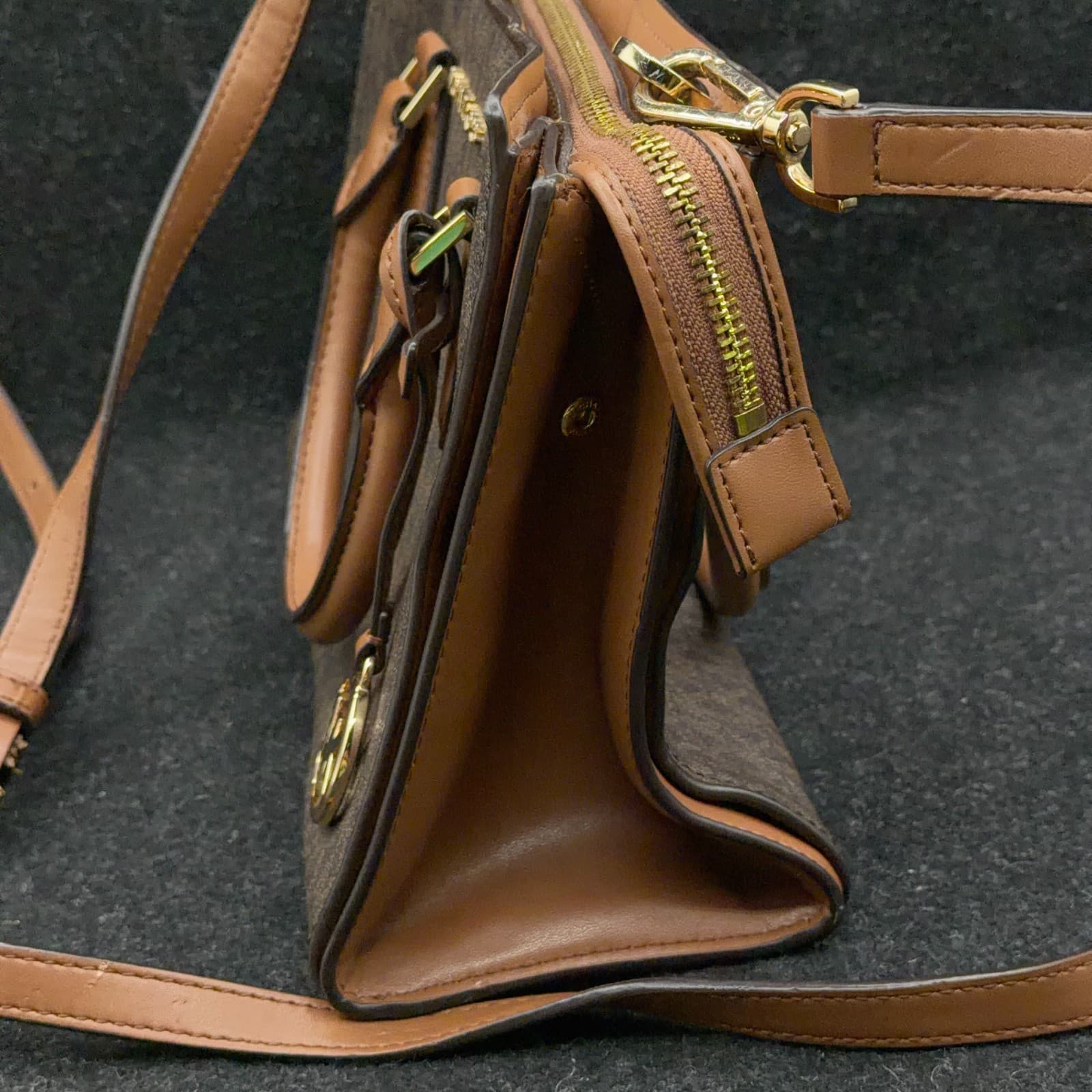 Michael Kors Signature Logo Satchel Brown PVC Leather Trim Crossbody Bag - Thumbnail 8