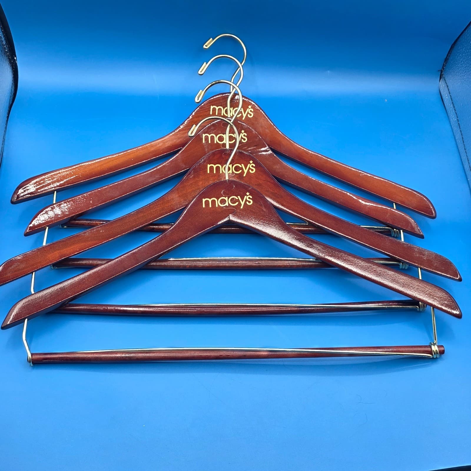 Lot of 2 Macy's Wooden Hangers Brown for Pants, Jacket, Suits, Shirts and Coats - Thumbnail 3