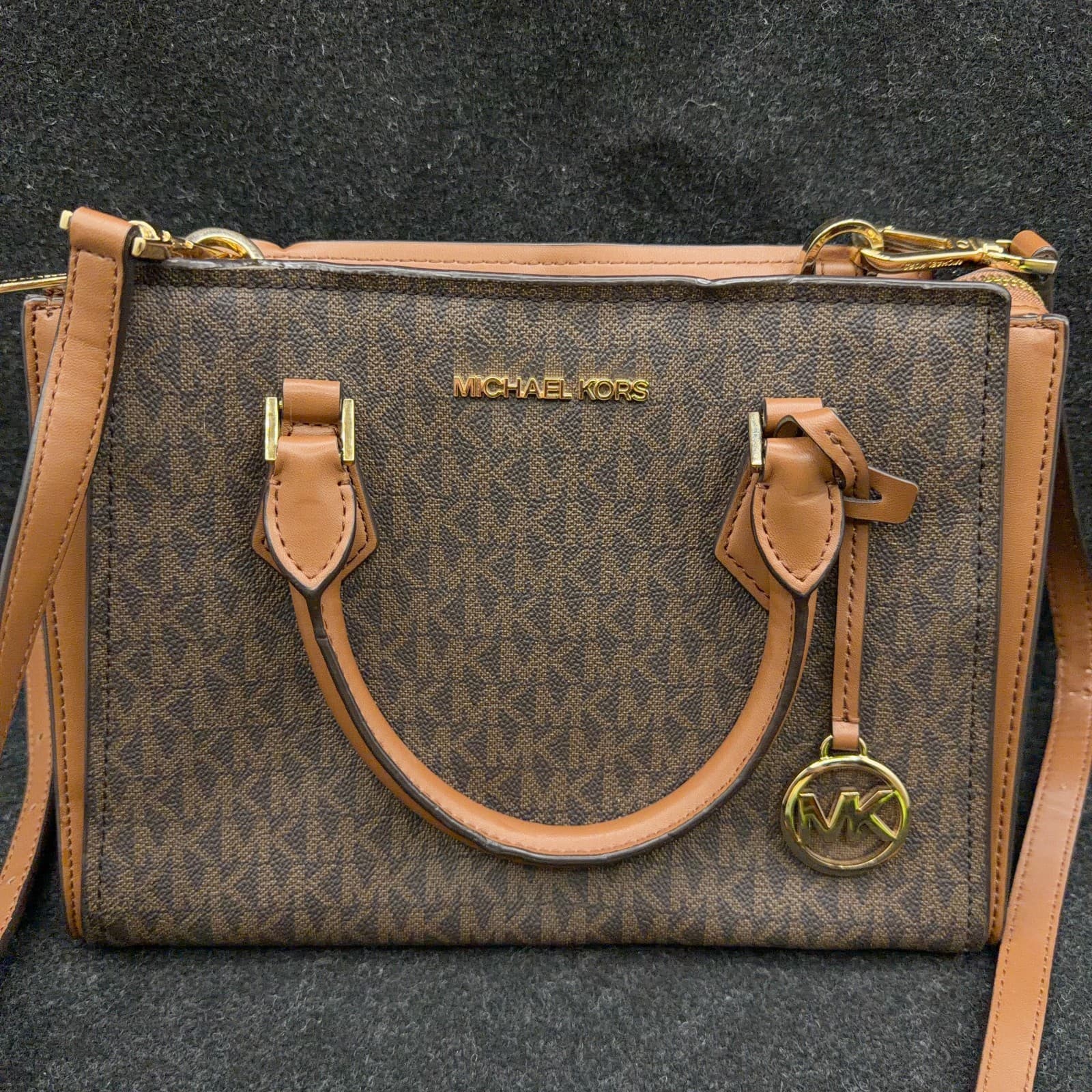 Michael Kors Signature Logo Satchel Brown PVC Leather Trim Crossbody Bag - Thumbnail 2