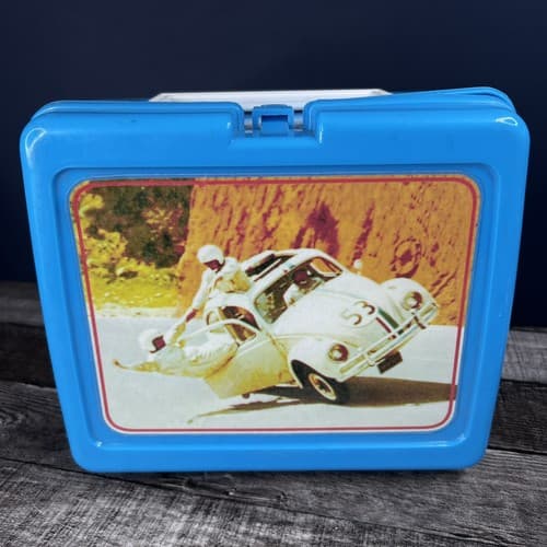 Vintage Herbie The Love Bug Volkswagen Blue Plastic Lunchbox w/ Thermos RARE - Thumbnail 2
