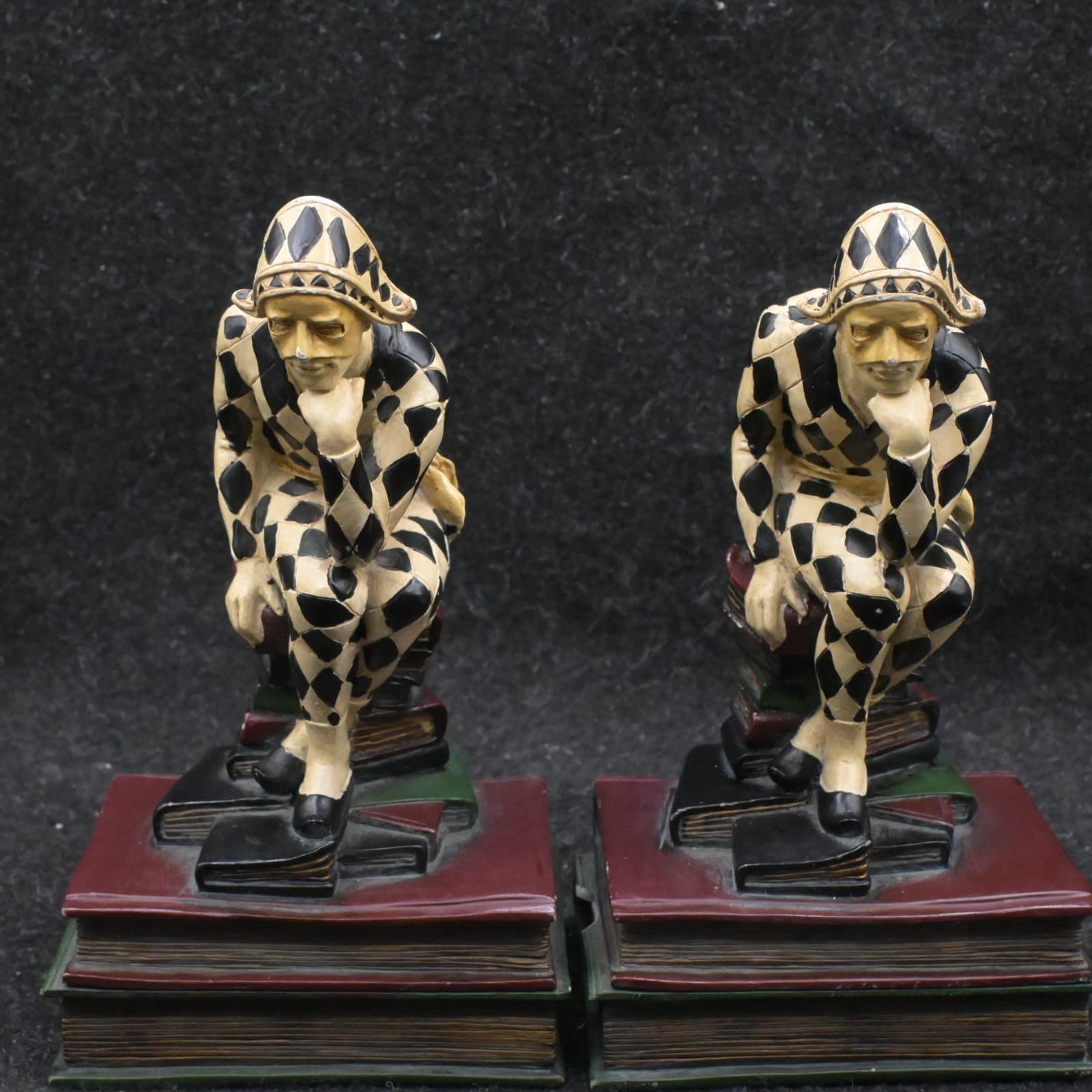 Harlequin Jester Resin Bookends Pair Hand Painted Diamond Pattern Multicolor - Thumbnail 2