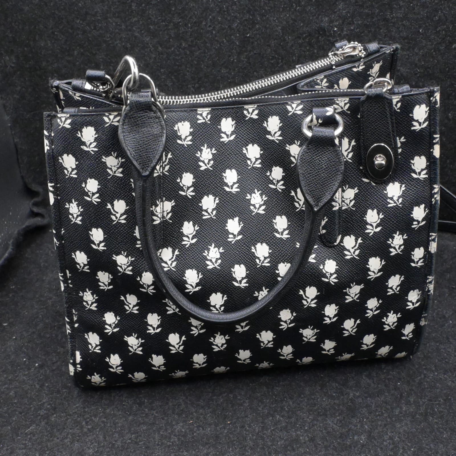 Coach Crosby Black & White Leather Floral Print Tote Satchel Bag Crossgrain Leat - Thumbnail 8