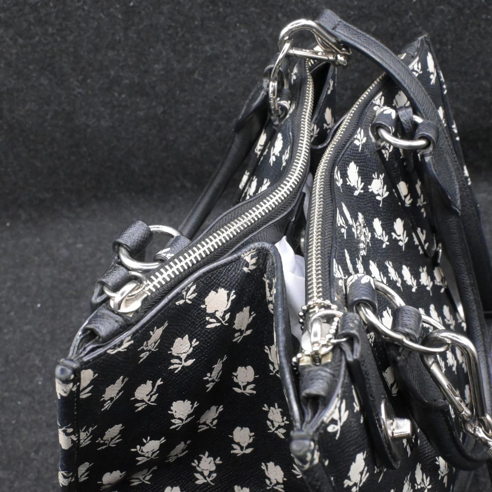 Coach Crosby Black & White Leather Floral Print Tote Satchel Bag Crossgrain Leat - Thumbnail 6