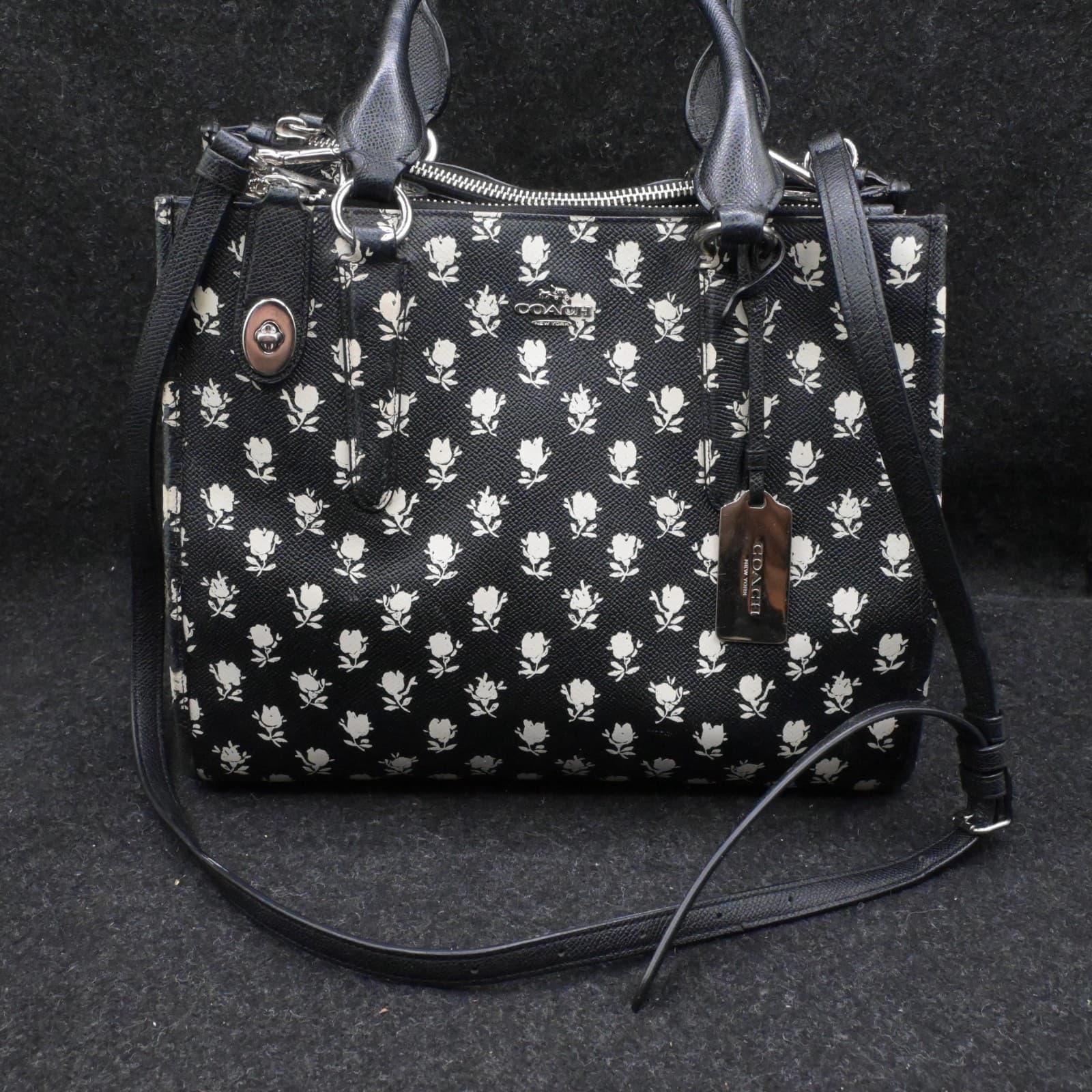 Coach Crosby Black & White Leather Floral Print Tote Satchel Bag Crossgrain Leat - Thumbnail 5