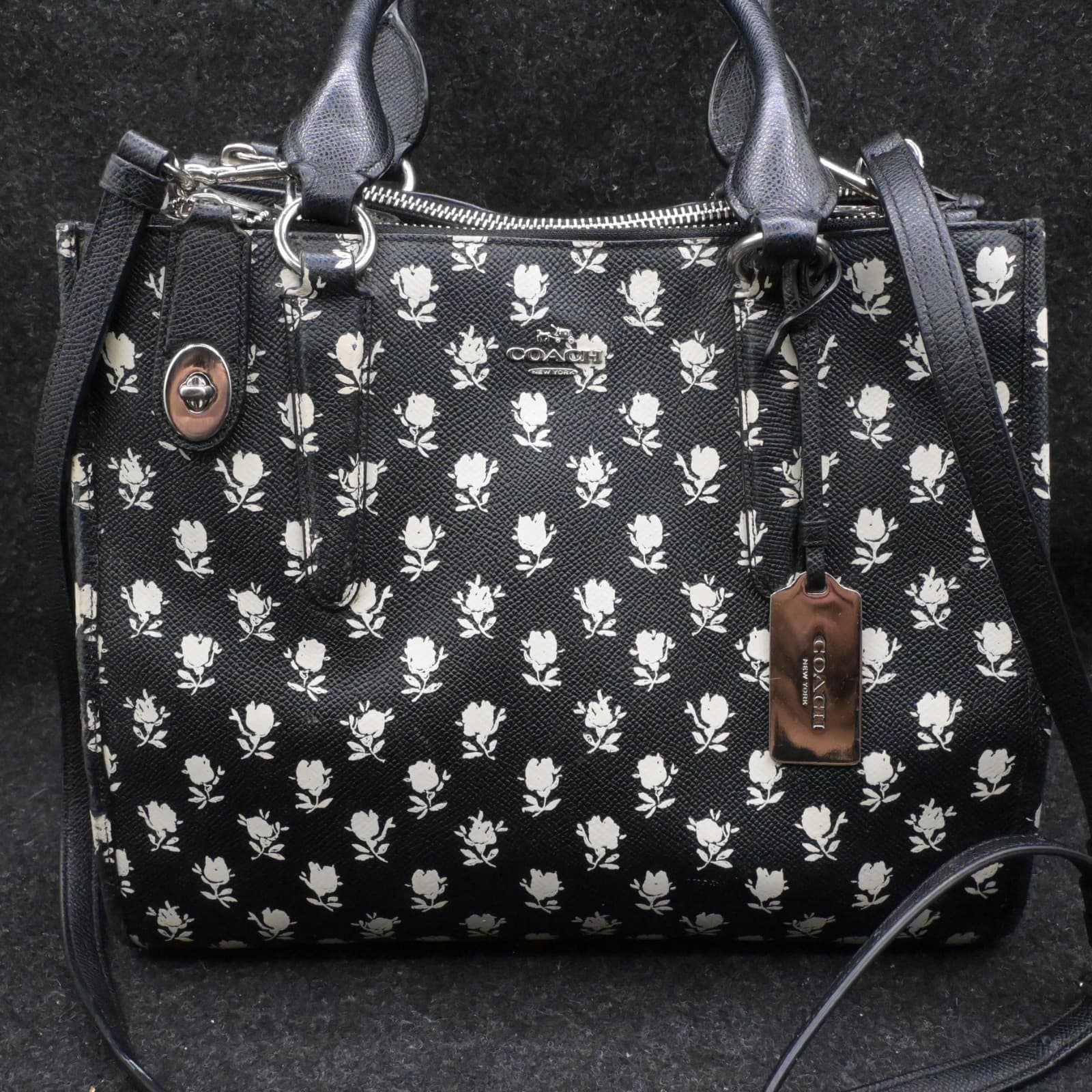 Coach Crosby Black & White Leather Floral Print Tote Satchel Bag Crossgrain Leat - Thumbnail 2