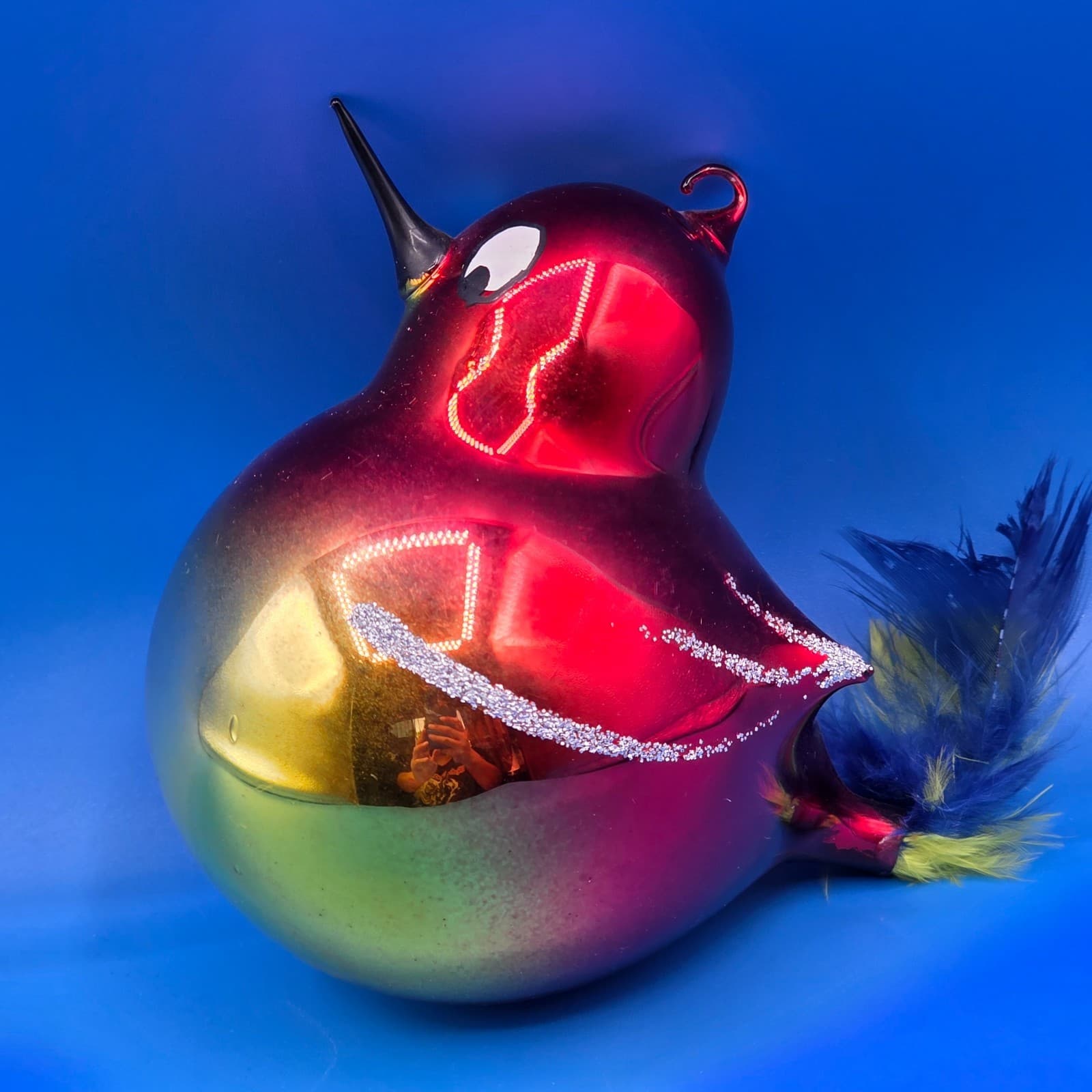 4" Red Cardinal Glass Glitter Ornament w/ Feather Tail - Thumbnail 2