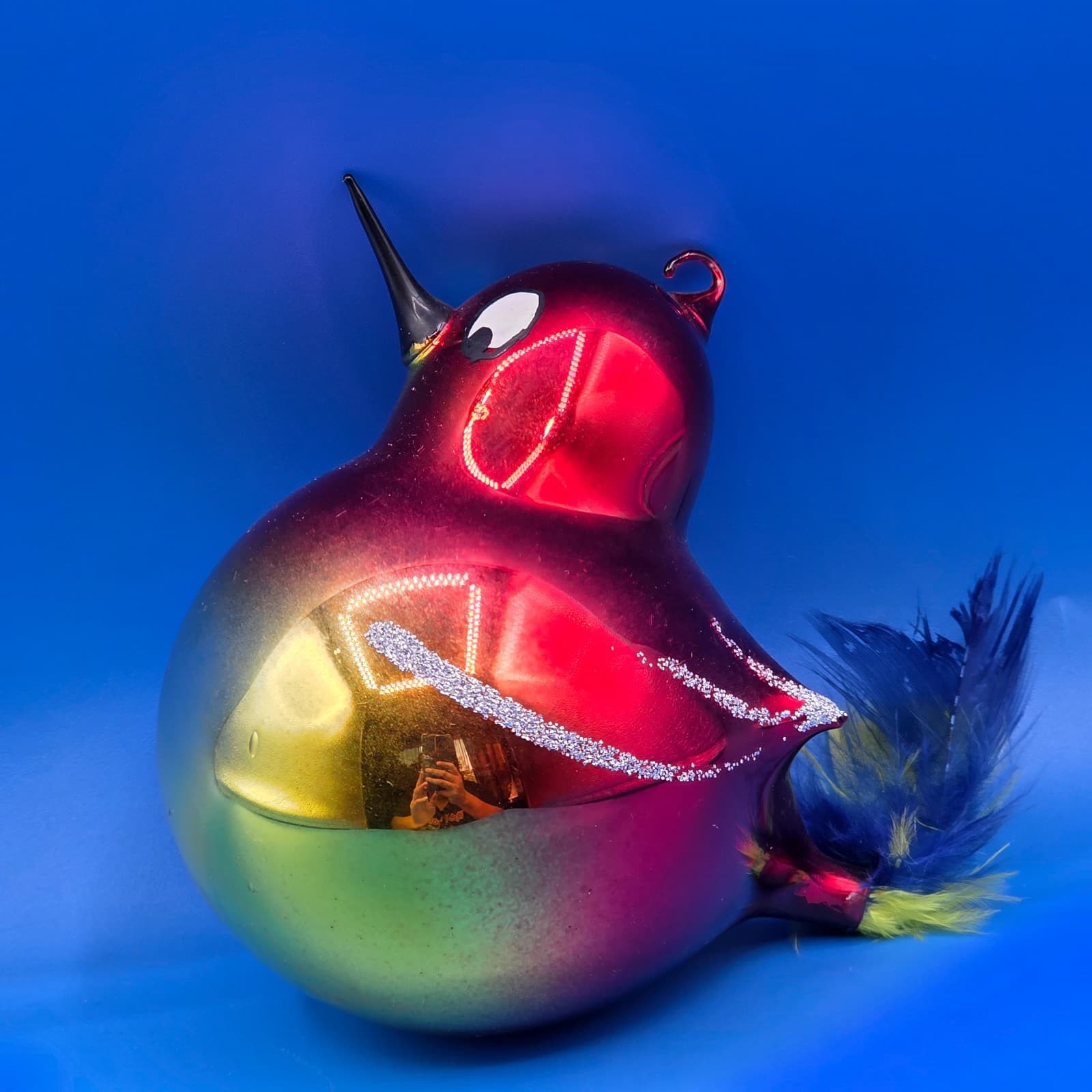 4" Red Cardinal Glass Glitter Ornament w/ Feather Tail - Thumbnail 3