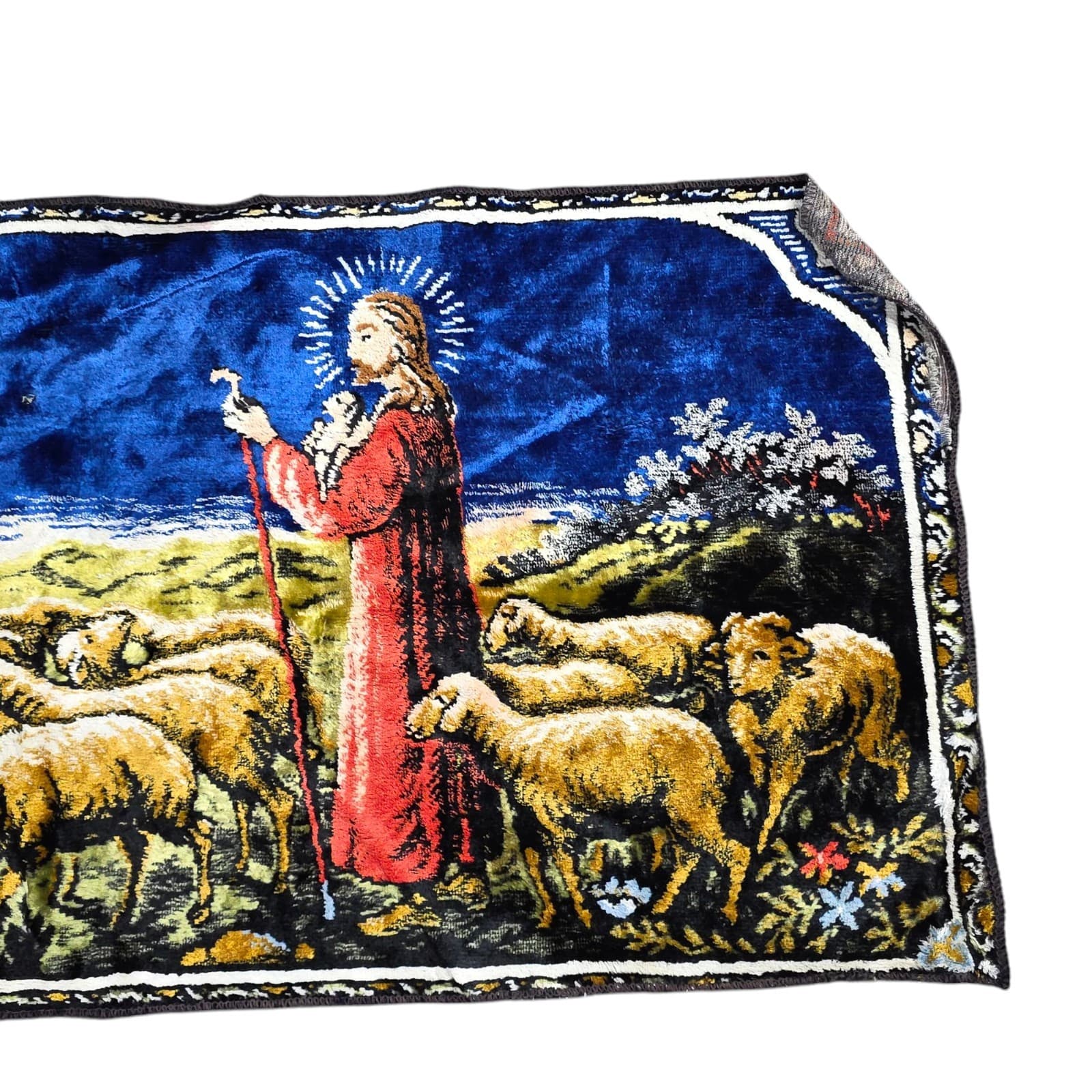 Vintage Textile "Jesus & His Flock" Cotton/Rayon Blend 37.5" x 19" Italy - Thumbnail 2