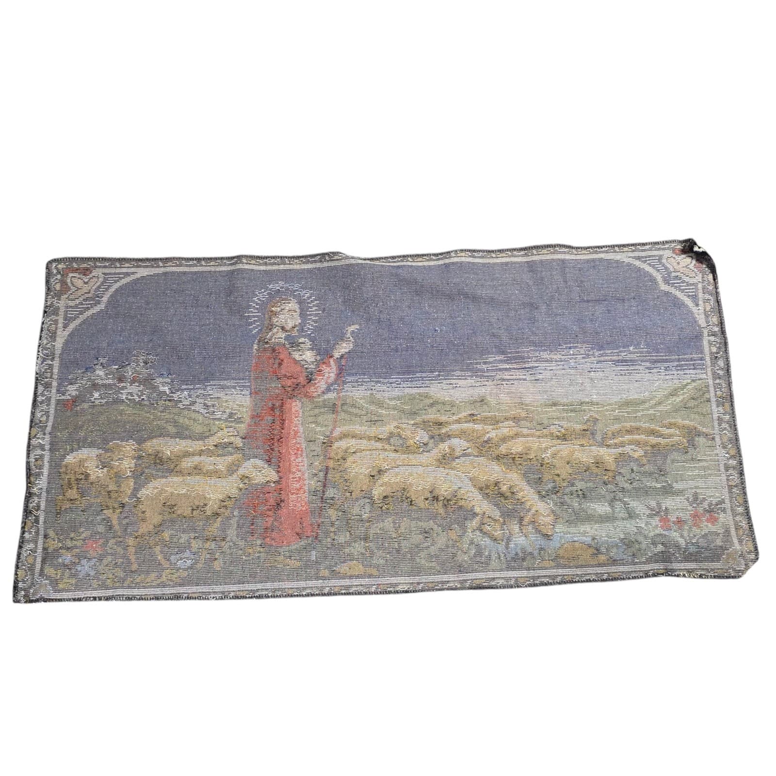 Vintage Textile "Jesus & His Flock" Cotton/Rayon Blend 37.5" x 19" Italy - Thumbnail 8