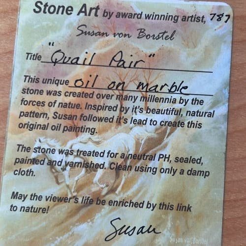 Quail Pair Oil Painting On Marble/Onyx Stone Art Signed by Susan Von Borstel - Thumbnail 6