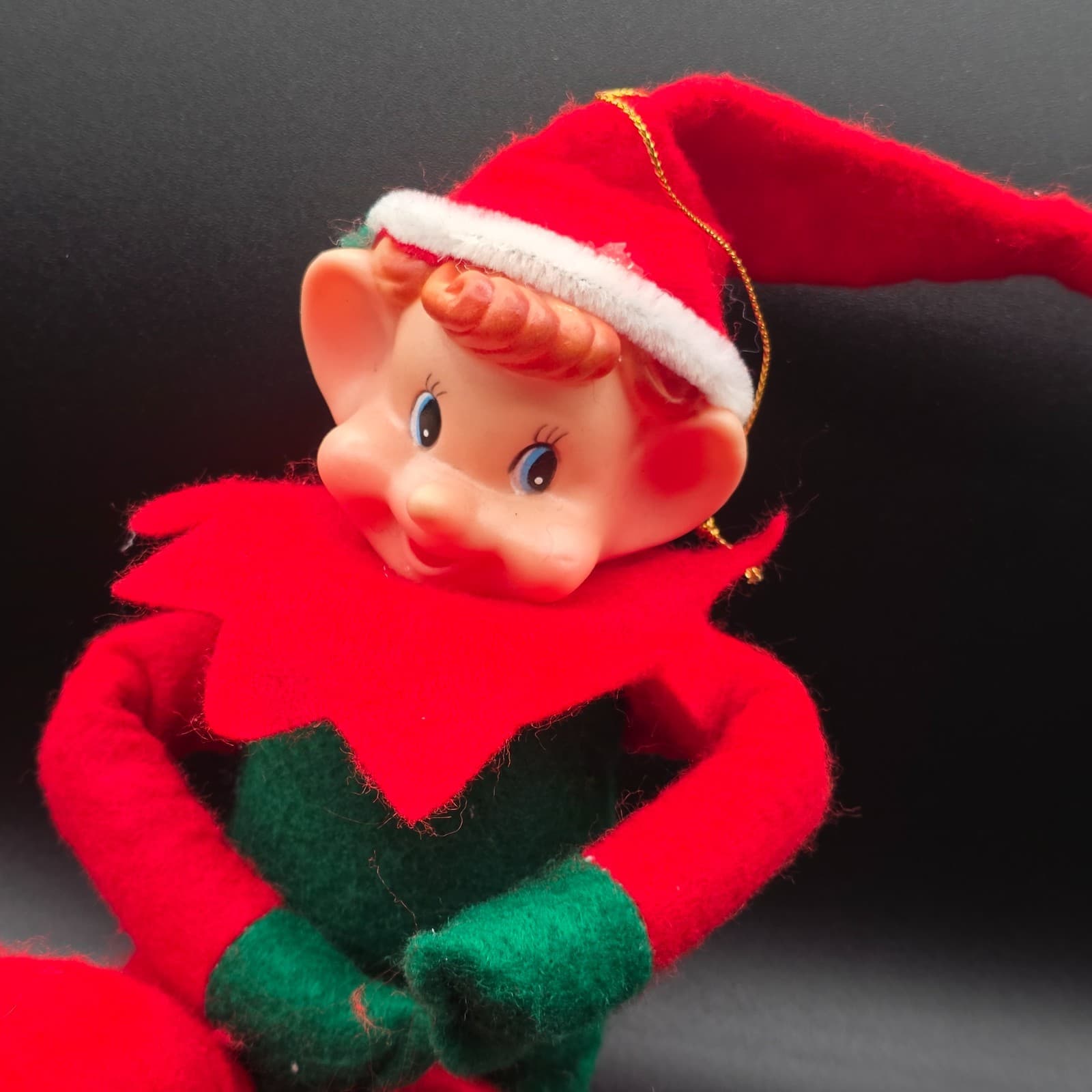 Vintage Rubber Faced Felt Plush Elf Doll Figurine Sitter Christmas 13" Long - Thumbnail 2