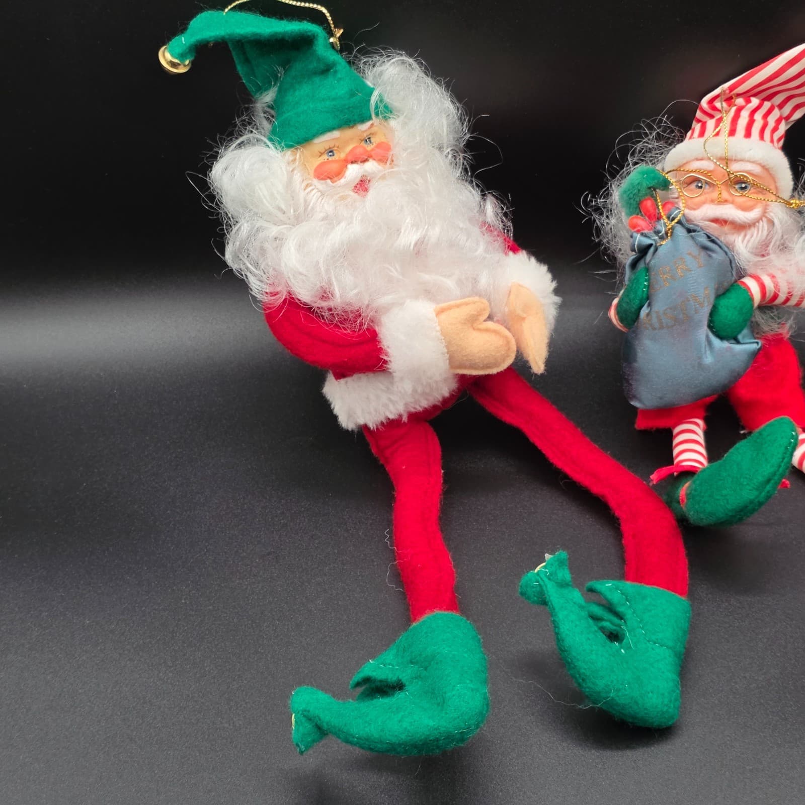 Vintage 2 Felt Bendable Long Leg Santa Claus Elf Shelf Sitter 13" & 8" Long - Thumbnail 3