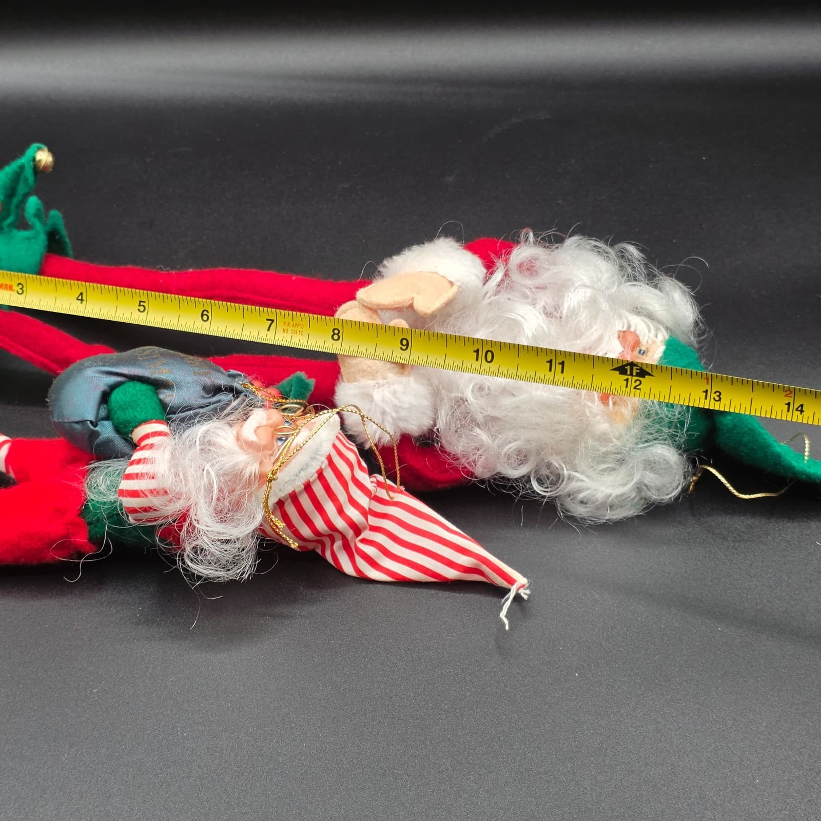 Vintage 2 Felt Bendable Long Leg Santa Claus Elf Shelf Sitter 13" & 8" Long - Thumbnail 9
