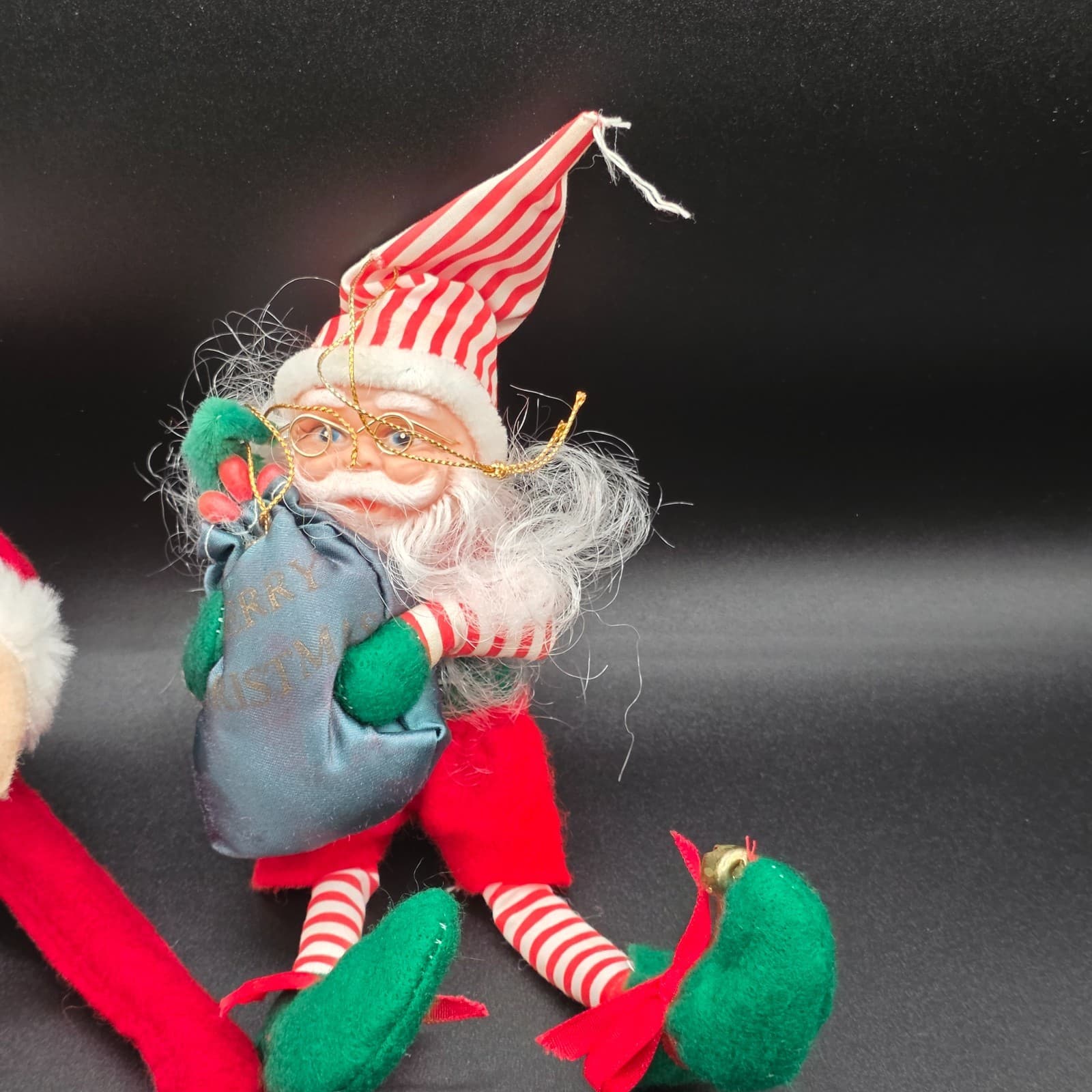 Vintage 2 Felt Bendable Long Leg Santa Claus Elf Shelf Sitter 13" & 8" Long - Thumbnail 2