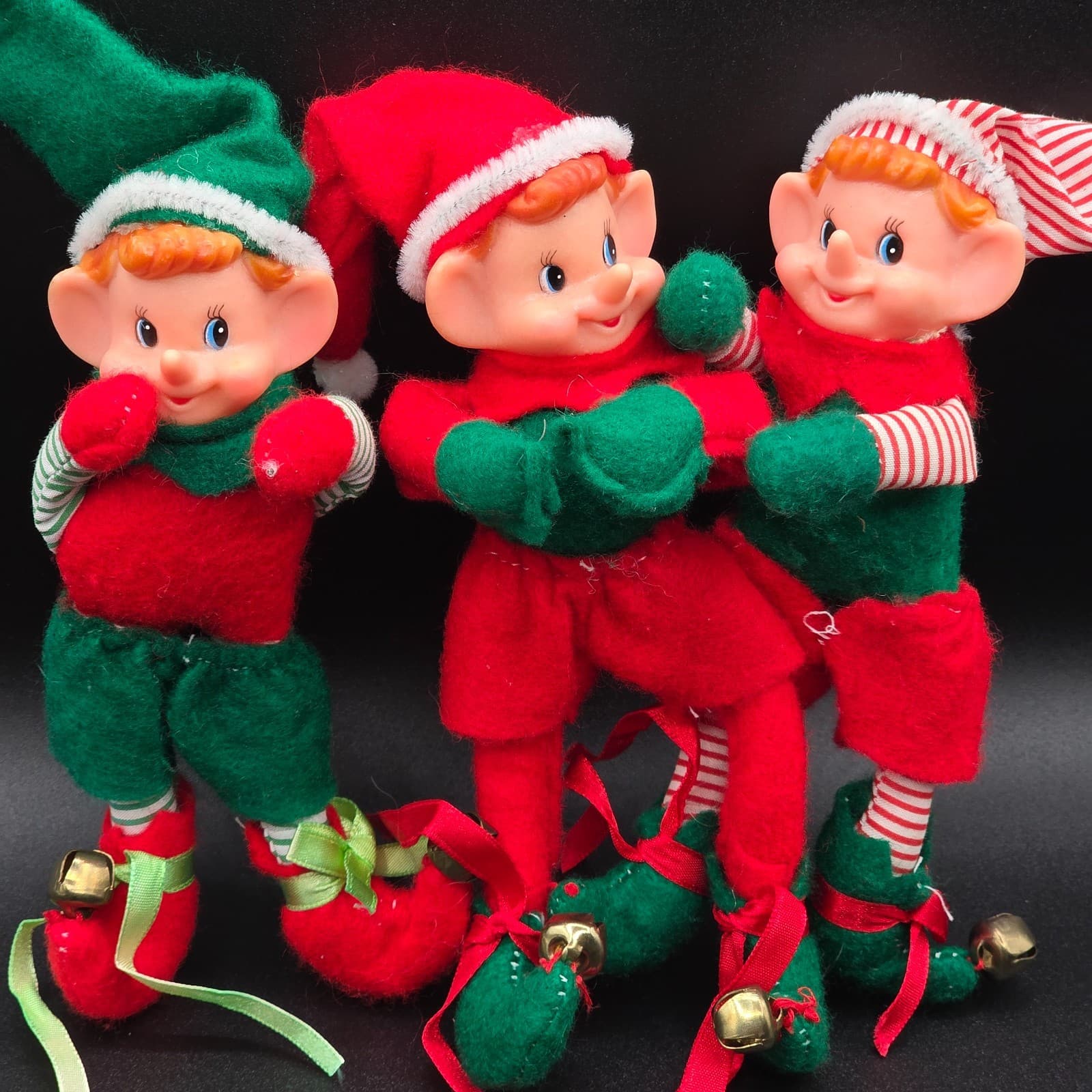 Set of 3 Vintage Christmas Pixie Elf Bendable with Jingle Bells 7" - Thumbnail 2