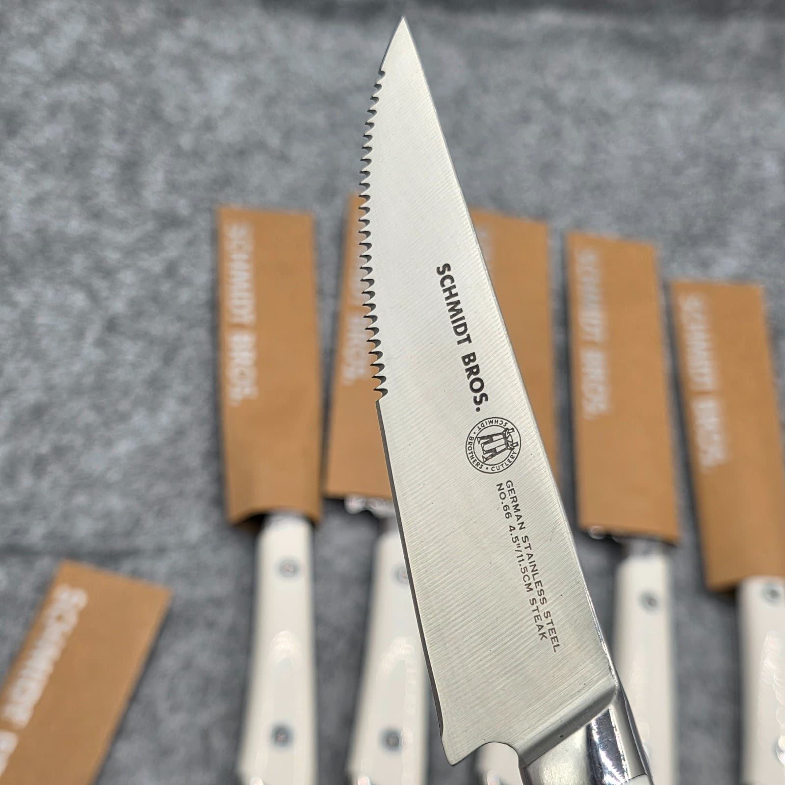 Schmidt Bros 6 4.5" Serrated Steak Knives German Stainless Steel White Handle - Thumbnail 5