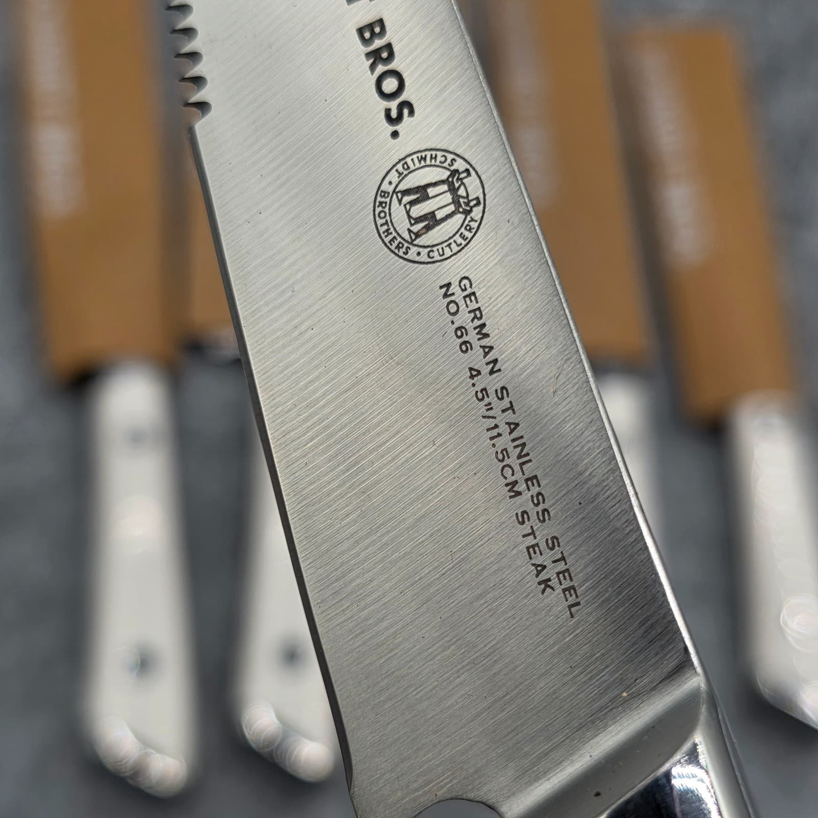 Schmidt Bros 6 4.5" Serrated Steak Knives German Stainless Steel White Handle - Thumbnail 4