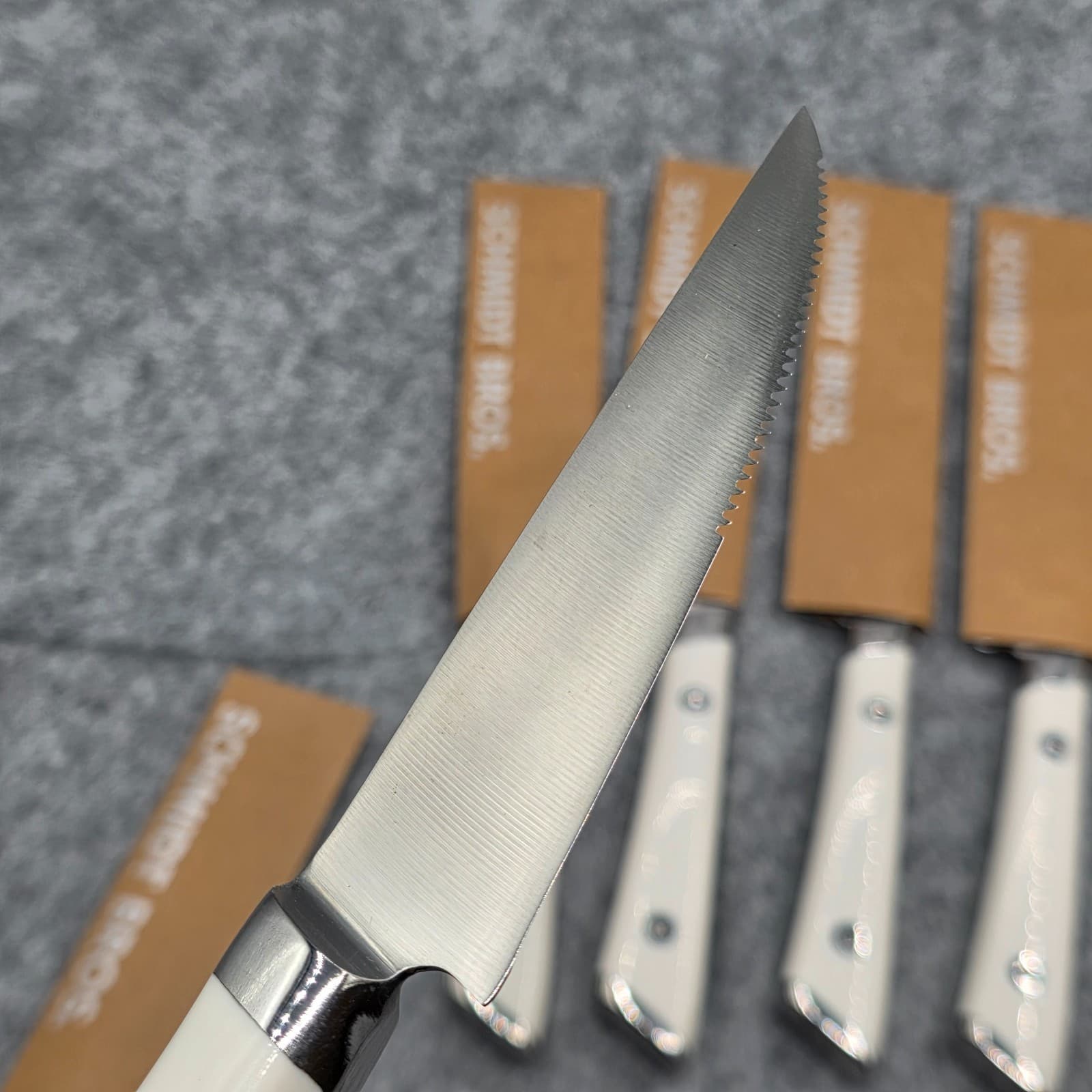 Schmidt Bros 6 4.5" Serrated Steak Knives German Stainless Steel White Handle - Thumbnail 3