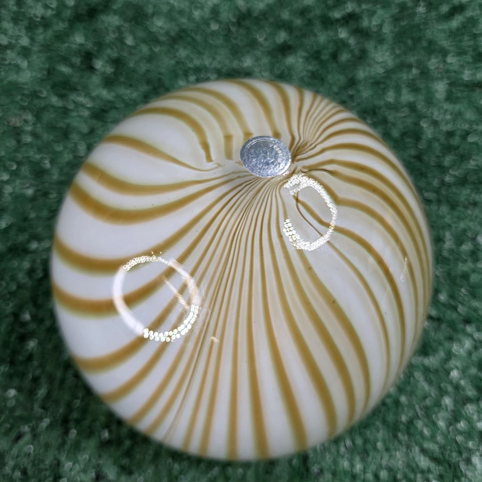 Vintage 4" Glass Paperweight Studio Large Green White Orange Swirl Made Romania - Thumbnail 3
